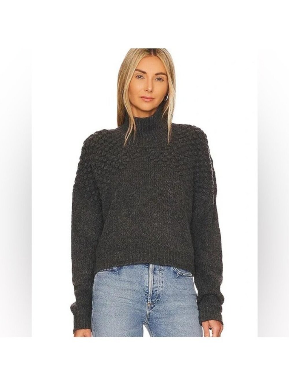 Free People Bradley Cropped Popcorn Bauble Turtleneck Sweater S Dark Grey Fall